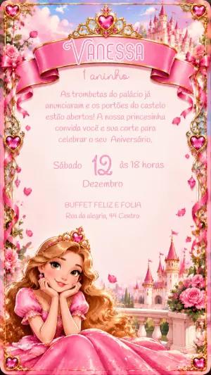 Convite de Aniversário Princesa e Castelo Rosa Editável
