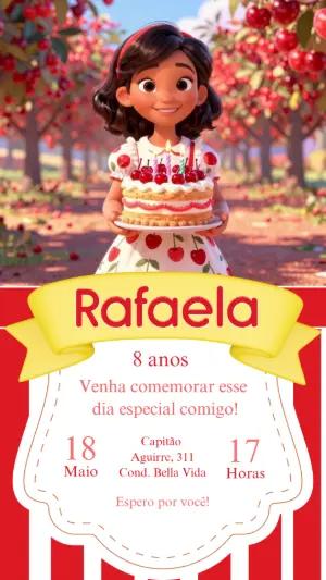 Convite Digital Aniversário Infantil Menina Tema Cereja Editável