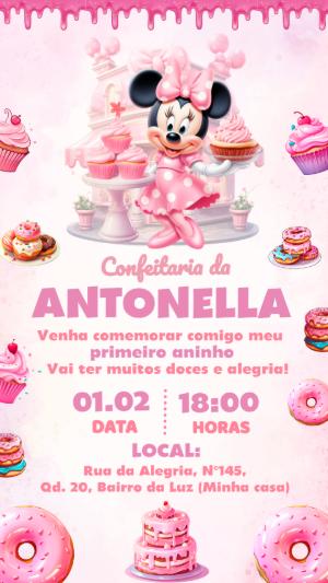 Convite de Aniversário Minnie Confeitaria Rosa para Editar