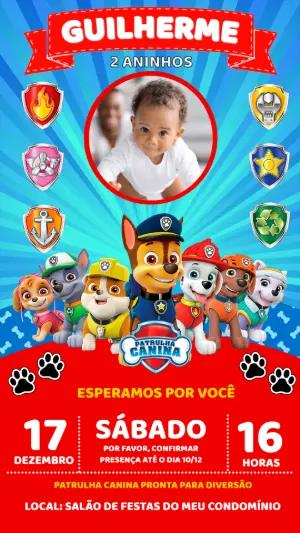 Convite de Aniversário Patrulha Canina com Foto para Editar Online