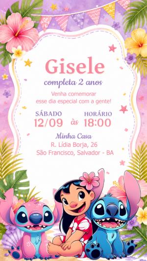 Convite de Aniversário Lilo e Stitch Aquarela para Editar
