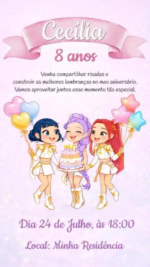 Convite de Aniversário Guerreiras do K-pop Editável