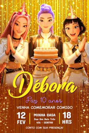 Convite de Aniversário Guerreiras do Kpop Dourado para Editar