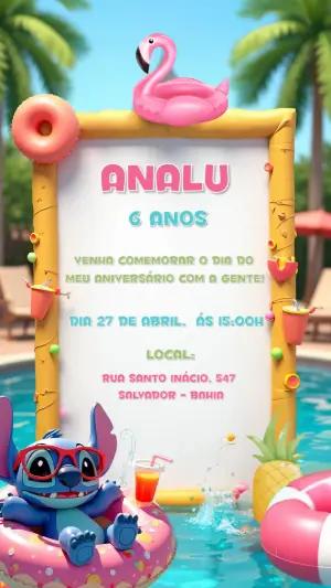 Convite de Aniversário Stitch Pool Party para Editar Online