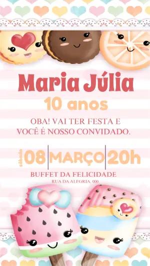 Convite de Aniversário Infantil Tema Doces Kawaii Editável