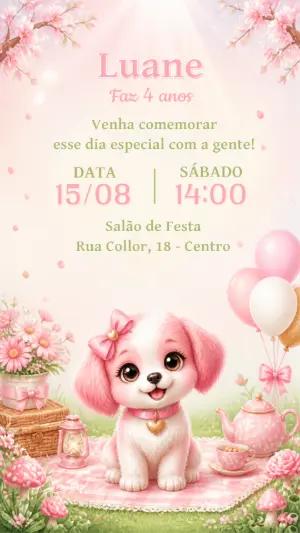Convite de Aniversário Cachorrinha Rosa para Editar