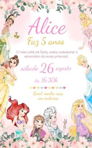 Convite Digital Princesas Disney Editável para Aniversário