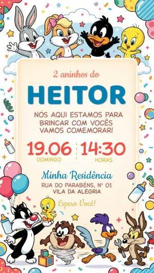 Convite de Aniversário Baby Looney Tunes Editável e Colorido