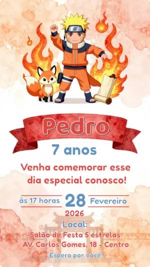 Convite de Aniversário Naruto Fofo em Aquarela para Editar