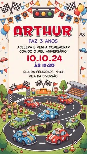Convite de Aniversário Carros de Corrida Infantil para Editar