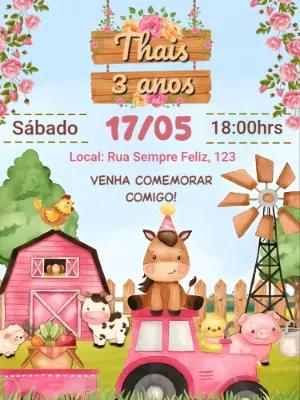 Convite Aniversário Fazendinha Menina Rosa para Editar Online
