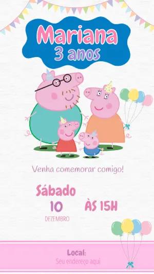 Convite de Aniversário Peppa Pig Infantil para Editar
