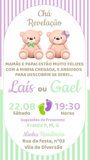 Convite Chá Revelação Ursinhos Lilás e Verde para Editar