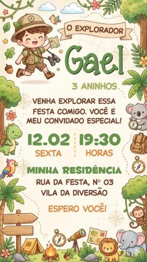Convite Digital Aniversário Explorador Menino para Editar