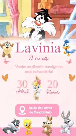 Convite Animado Aniversário Baby Looney Tunes para Editar