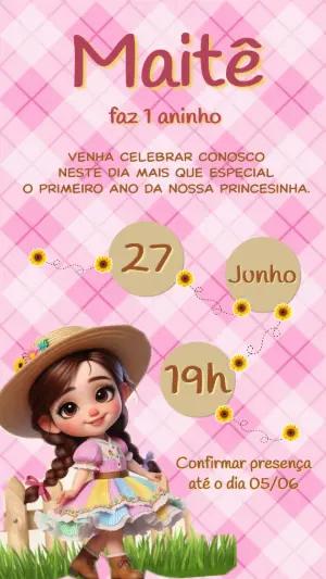 Convite de Aniversário Festa Junina Rosa Menina Editável