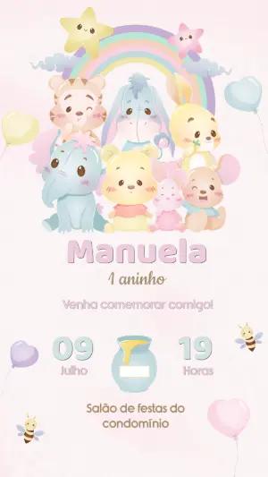 Convite Digital Fofo Ursinho Pooh e Turma para Aniversário