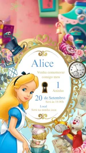 Convite Animado Aniversário Alice no País das Maravilhas para Editar