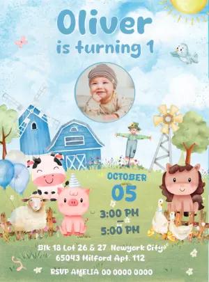 Cute Farm Animals Birthday Invitation with Photo Template