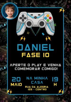 Convite Aniversário Gamer com Foto para Editar Online