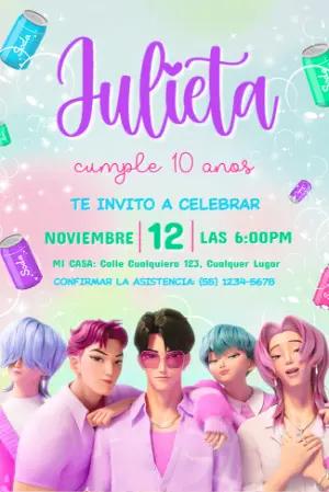 Invitación de Cumpleaños Las Guerreras K-Pop Saja Boys Editable