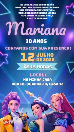 Convite Aniversário K-pop Guerreiras Neon Modelo Editável