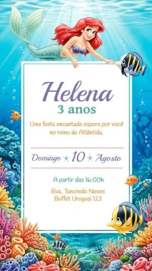 Convite de Aniversário Pequena Sereia Fundo do Mar Editável