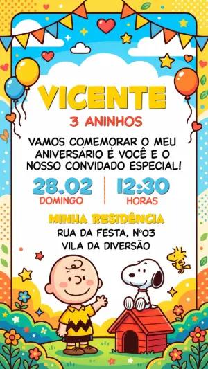 Convite de Aniversário Snoopy e Charlie Brown Editável para Menino