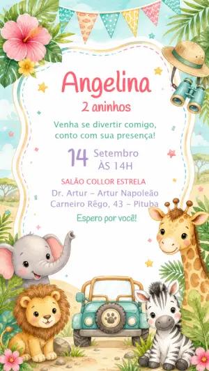 Convite de Aniversário Safari Baby Aquarela Editável