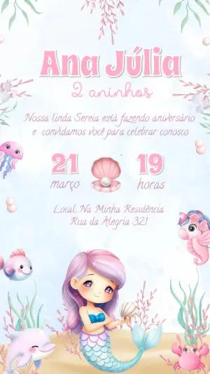 Convite Aniversário Sereia Fofa para Editar Online