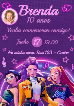 Convite de Aniversário Guerreiras do K-pop com Foto Editável