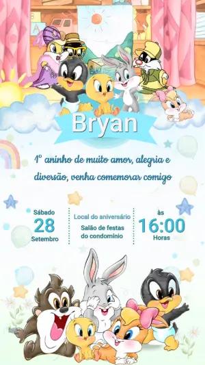 Convite Animado Aniversário Looney Tunes Baby para Editar