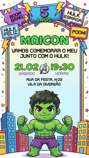 Convite de Aniversário Hulk Infantil Estilo Quadrinhos Editável