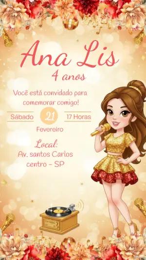 Convite de Aniversário Cantora Popstar Dourado para Editar