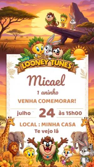 Convite de Aniversário Baby Looney Tunes Safari Editável