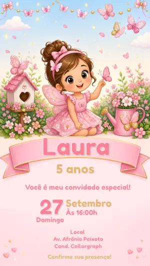 Convite Aniversário Fada do Jardim Editável para Menina
