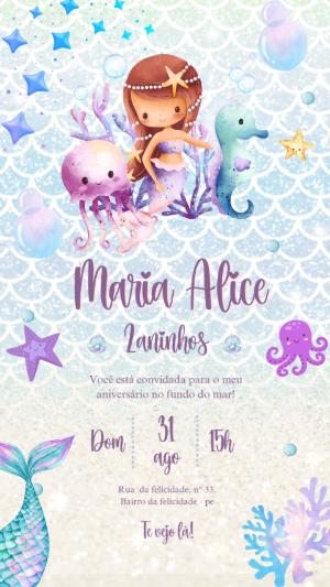 Convite Aniversário Sereia Fundo do Mar para Editar Online