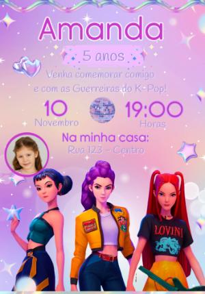 Convite de Aniversário Guerreiras K-Pop com Foto para Editar