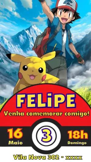 Convite de Aniversário Pokémon com Ash e Pikachu para Editar
