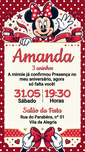 Convite Digital Minnie Vermelha para Aniversário Infantil Editável