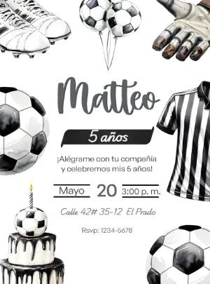 Invitación de Cumpleaños Fútbol en Blanco y Negro para Editar