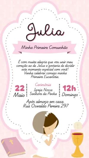 Convite Primeira Comunhão Menina Rosa para Editar Online