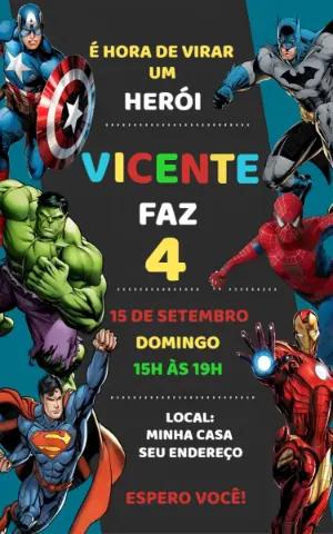 Convite de Aniversário Super Heróis Modelo Editável
