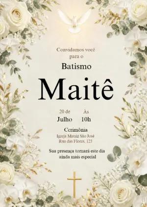 Convite de Batismo Digital Elegante com Flores Brancas Editável