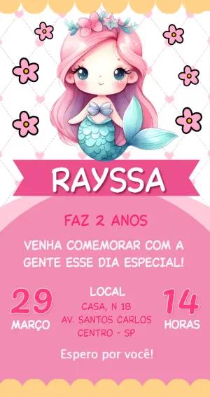 Convite de Aniversário Sereia Fofa Rosa para Editar Online