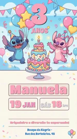 Convite de Aniversário Stitch e Angel Rosa e Azul para Editar