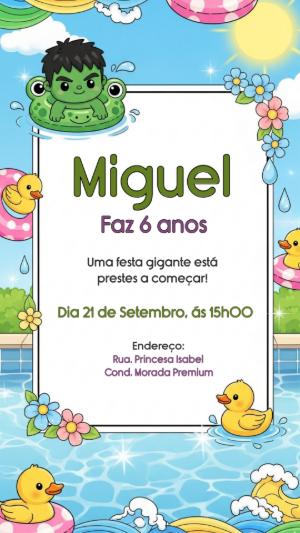 Convite Aniversário Hulk na Piscina para Editar Online