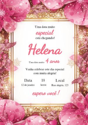 Convite de Aniversário Floral Rosa e Dourado Editável