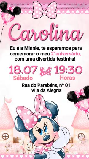 Convite Animado Minnie Rosa Aquarela para Editar