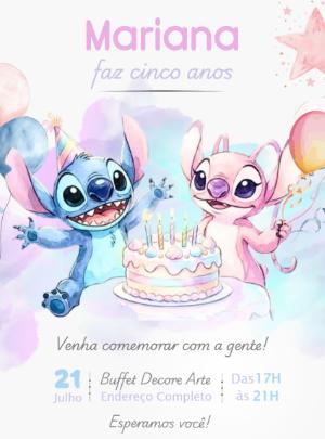 Convite de Aniversário Stitch e Angel Aquarela para Editar